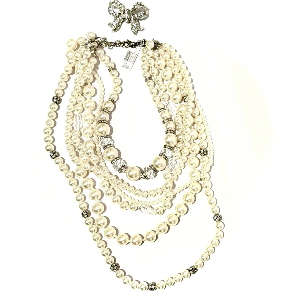 WHITE HOUSE BLACK MARKET | NWT | Pearl Statement Necklace w Silver Bow Brooch - Picture 4 of 8